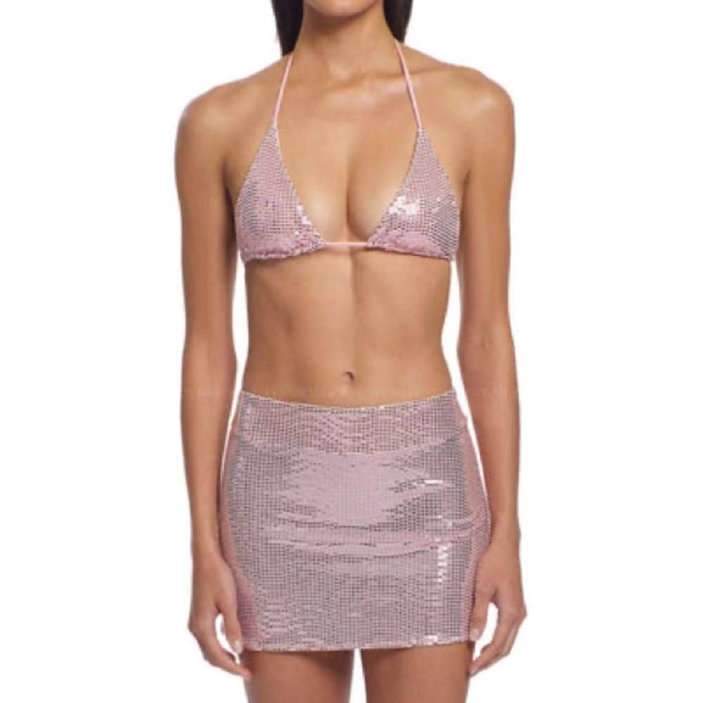 Pink Sequin Bikini Set & skirt
